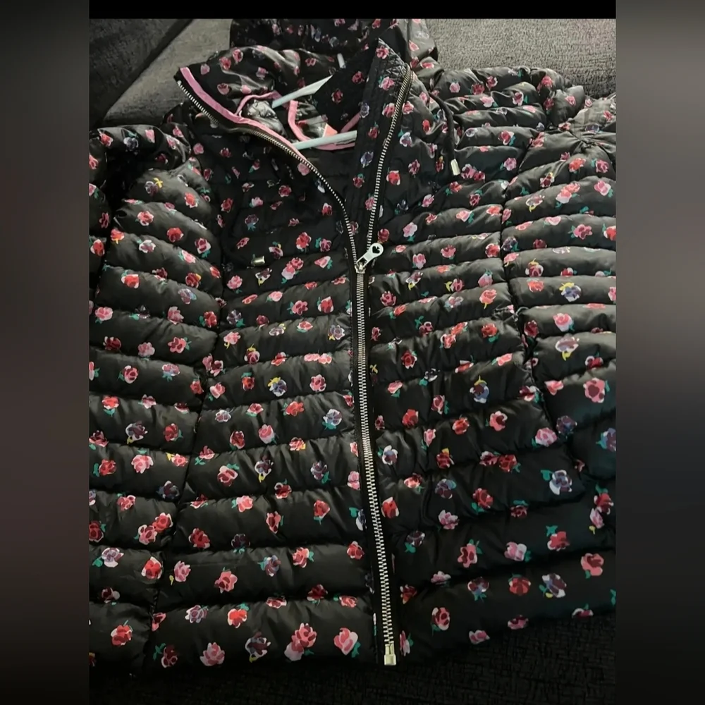 Kate Spade Black Floral Puffer Jacket Coat Size XS EUC